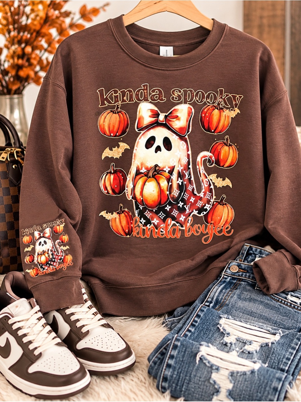 Kinda Spooky Brown Halloween Graphic Plus Size Sweatshirt